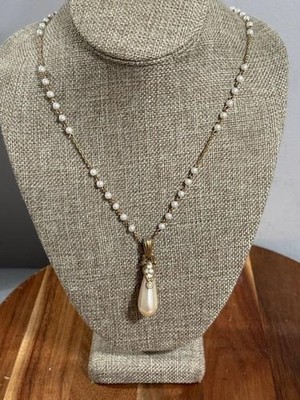 Nolan Miller Pearl Teardrop Pendant Necklace Gold Tone Rhinestone Beaded