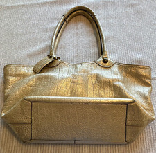 Coach Metallic Gold Tote Zip Closure Plaid Lining Inner Pockets Bag Charm