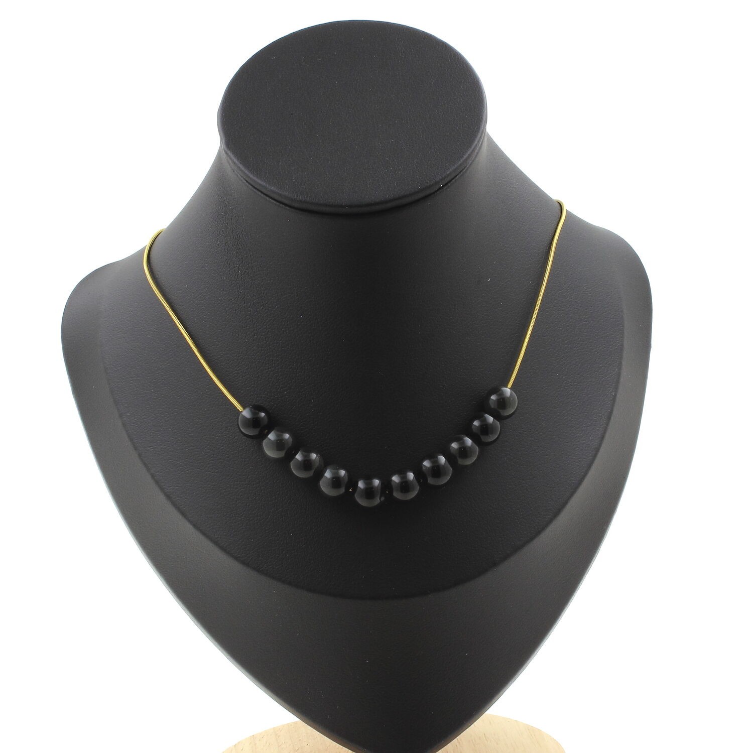 Collier perles Obsidienne noire 8 mm chaine acier doré bijou femme