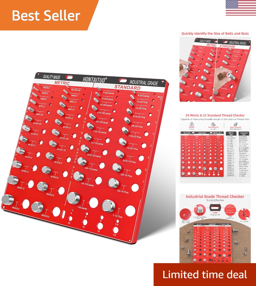 54 Nut & Bolt Thread Checker: Quick Identify 46 Sizes in Red Aluminum Alloy