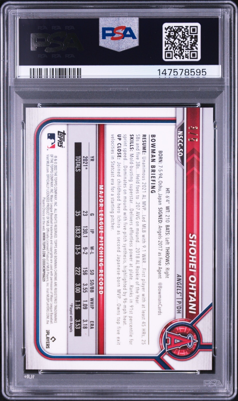 2022 BOWMAN CHROME NSCC WRAPPER REDEMPTION RED REFRACTOR SHOHEI OHTANI 3/5 PSA 9 view 2