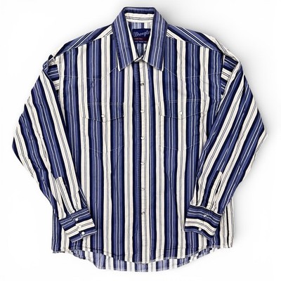 Vintage Wrangler Pearl Snap XLong Tails Vertical Stripe Button Up Shirt 16 1/2