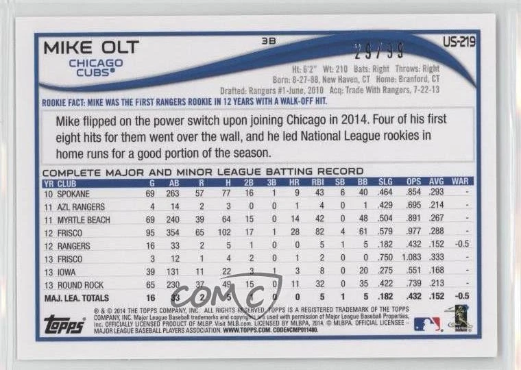 2014 Topps Update Camo /99 Mike Olt #US-219 - Image 2 of 2