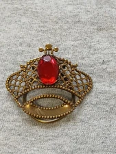 Vintage JERI-LOU Crown Faux Ruby Scarf Clip Brass Tone Filigree Signed (#388)