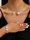 Jewelry Set-Pearl & Rhinestone Choker Necklace Bangle, Stud Earrings For Women,
