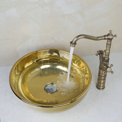 Grifo de latón antiguo fregadero de cerámica acabado en oro para baño con lavabo - Imagen 3 de 7