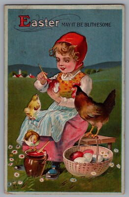 Easter May It Be Blithesome Girl Painting Eggs Chicken and Chicks Unposted A374