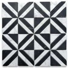 C85E1XH Carrara White Marble Striped Square Maze Mosaic Tile Marquina Black