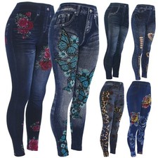 Womens Floral Fake Jeans Leggings, High Waist Slim Pencil Stretch Denim Jeggings