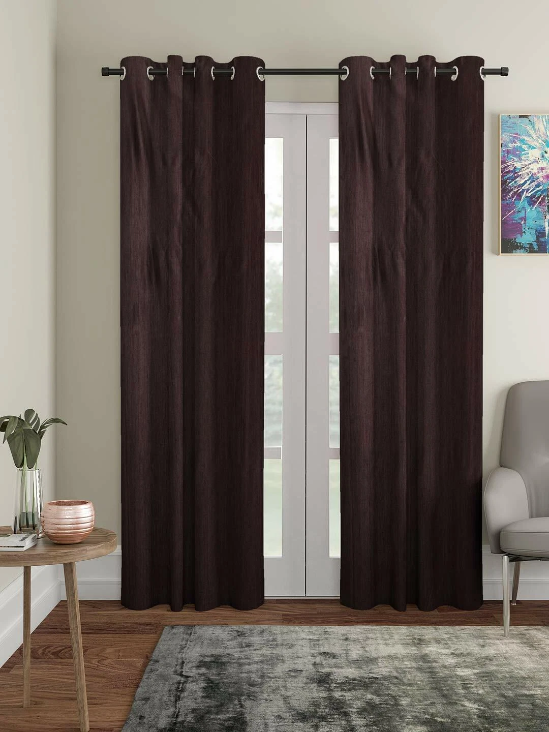 New 2 Piece Eyelet Polyester Door Curtain Set - 7 feet Brown