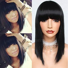 Short Bob Straight Full Bangs Synthetic None Lace Wig Glueless Black Hair Wigs