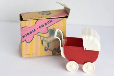 Vintage Plastic Kiddie Coach Mini Doll Buggy/Pram Red/White w/Original Box (S)
