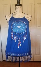 Made In USA Blue Patriotic Halter Top Lg 11-13 Dreamcatcher Star Feathers Fringe