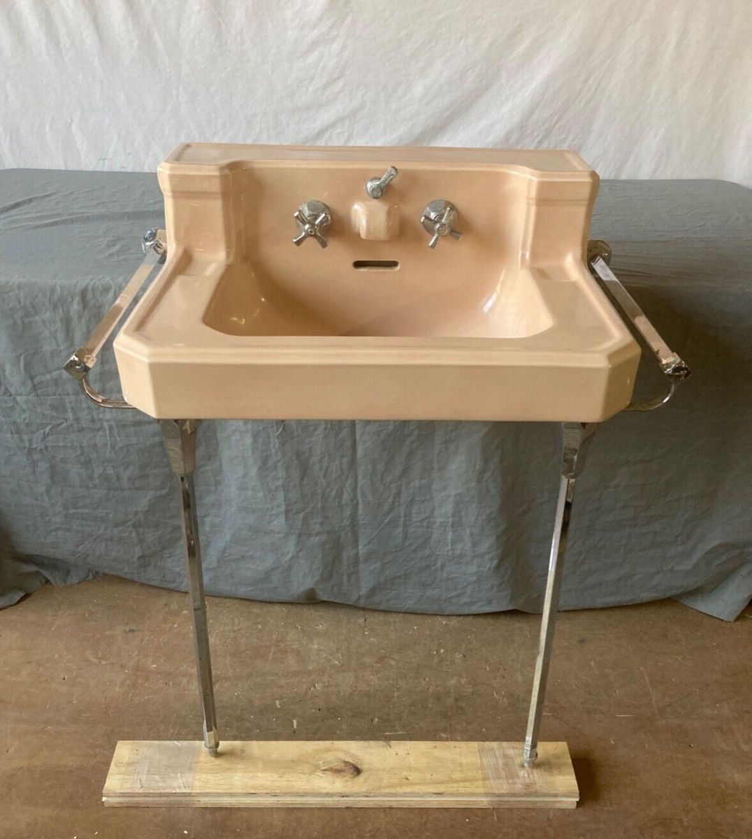 Antique Tan Beige Porcelain Sink Chrome legs Towel Bars Old Vtg