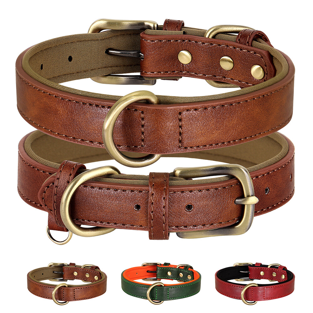 Soft PU Leather Dog Collar Comfort Padded Brass Buckle Adjustable for Pets  S-L