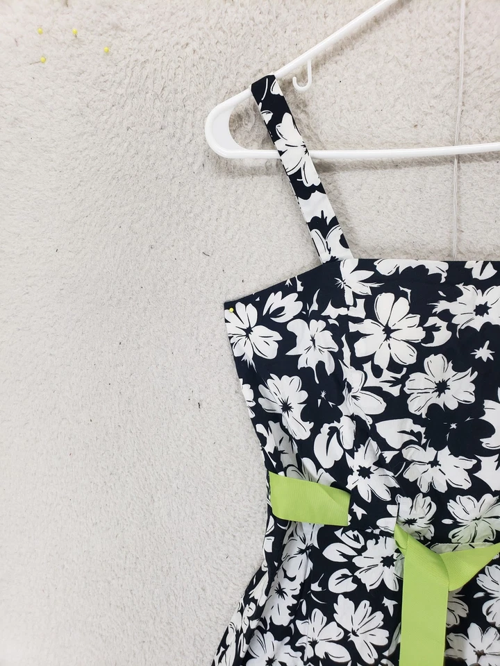 Vestido Ellen Tracy Mujer 12P Negro Blanco Floral Algodón Línea B A Forrado con Cinturón K L Foto 2 de 4