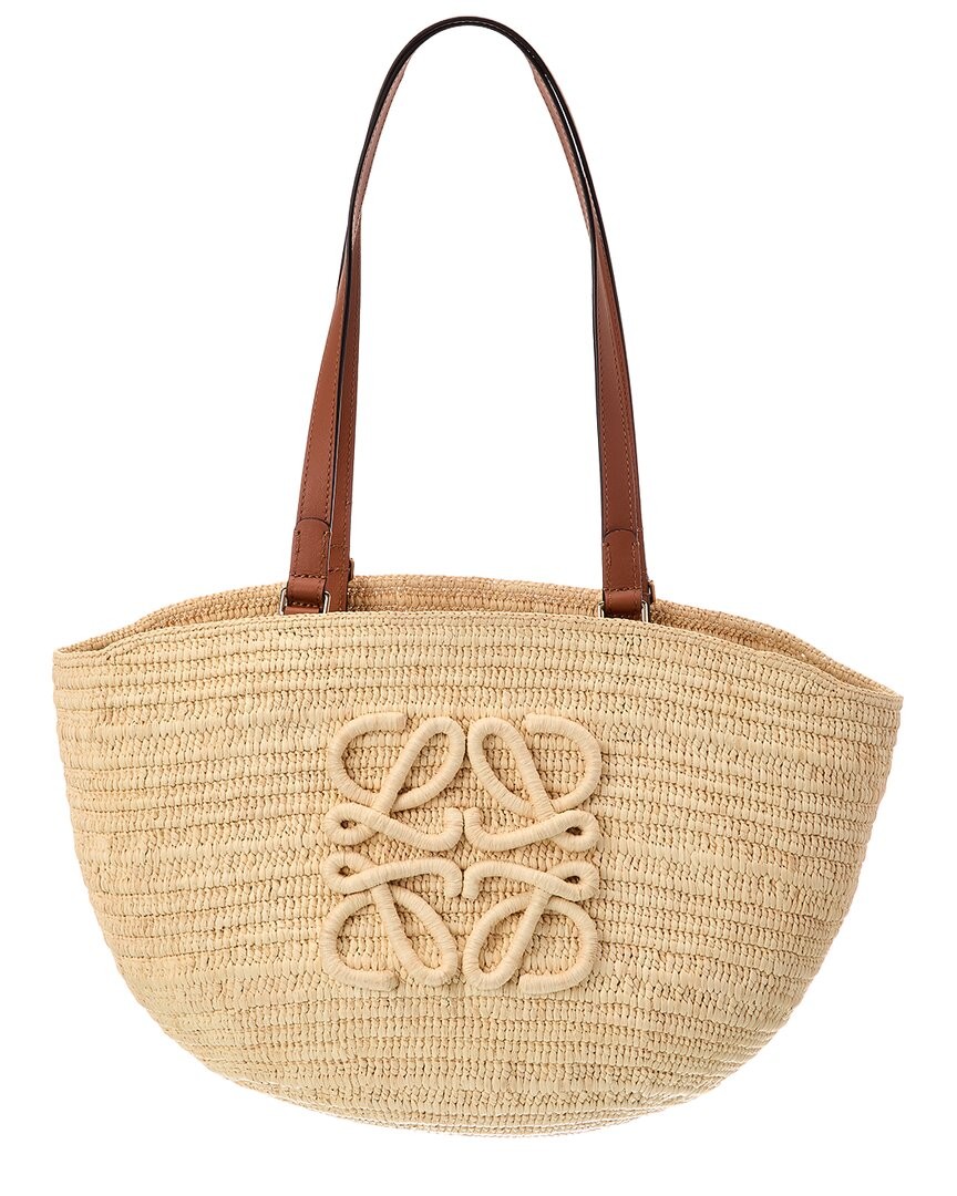 Loewe Logo Raffia & Leather Tote Women's Beige