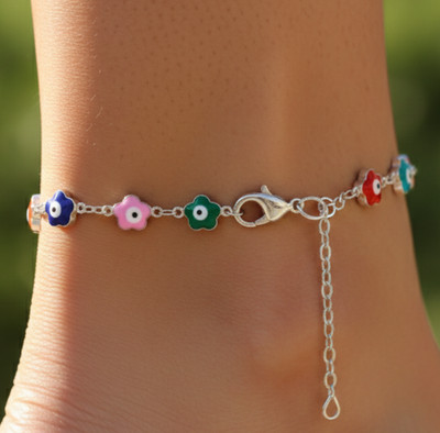 Multicolor Floral Evil Eye Anklet Silver Plated Dainty Charm Handmade Chain