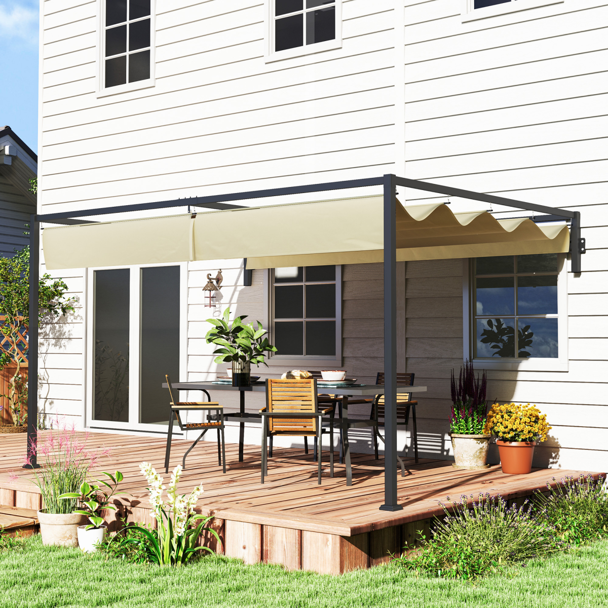 Outsunny 3 x 4m Wall Mounted Pergola with Retractable Roof - Khaki