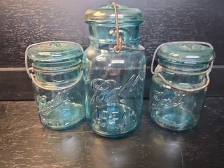 3 Vintage Ball Idea Sure Seall Jar Green With Wire Ball & Jar Lid