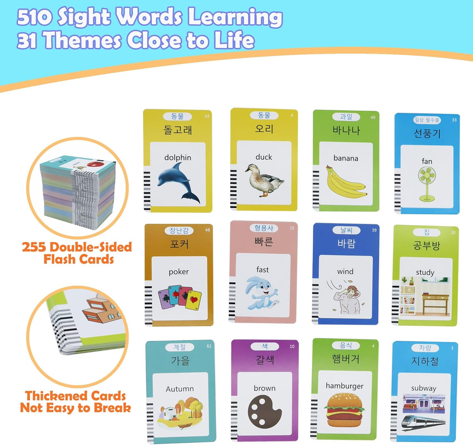 510 Words English and Korean Talking Flash Cards Bilingual, Educational ...