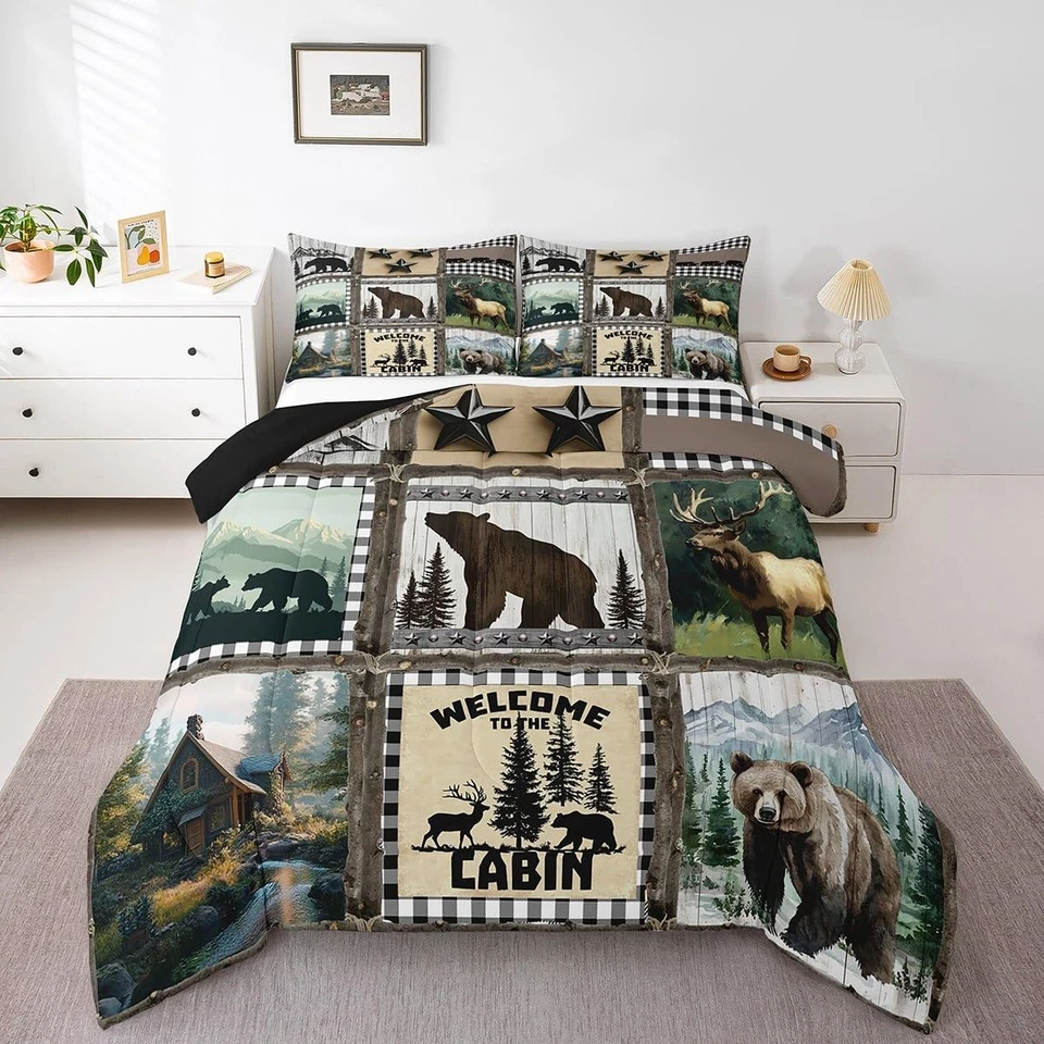 Farmhouse Decor,Rustic Bear Deer Quilt Twin,Black and White Checkered Buffalo... - Image 3 of 4