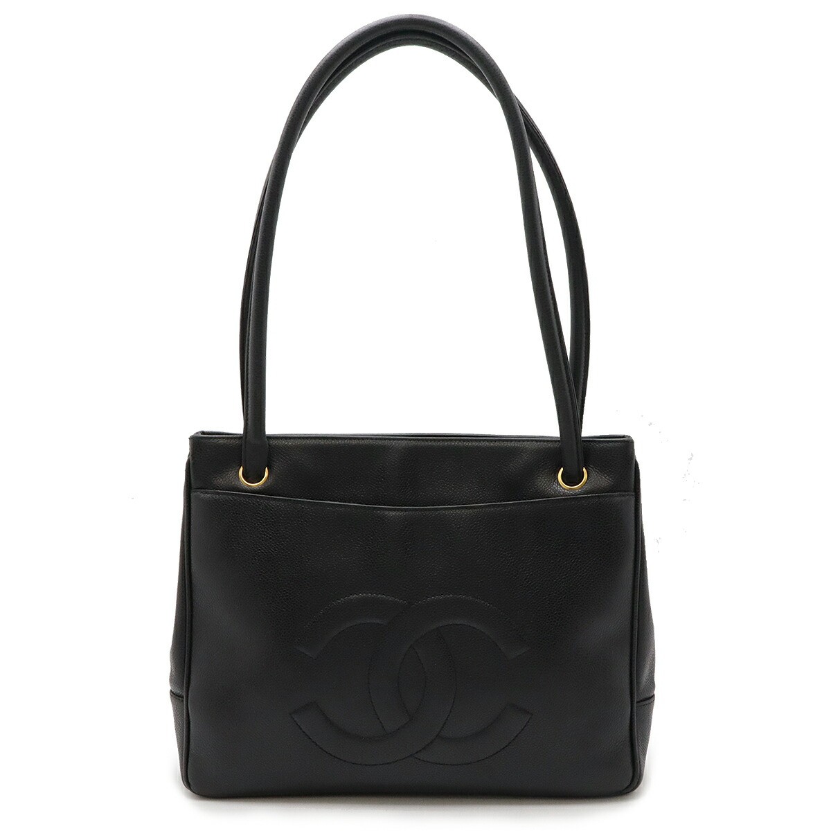 CHANEL Black Caviar Leather Tote Bag Shoulder Semi-Shoulder Used