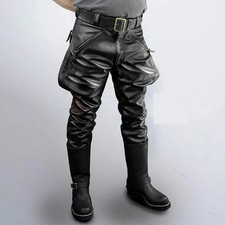 Mens Black Leather Breeches Jodhpurs Style Pants Horse Riding Biker Trousers
