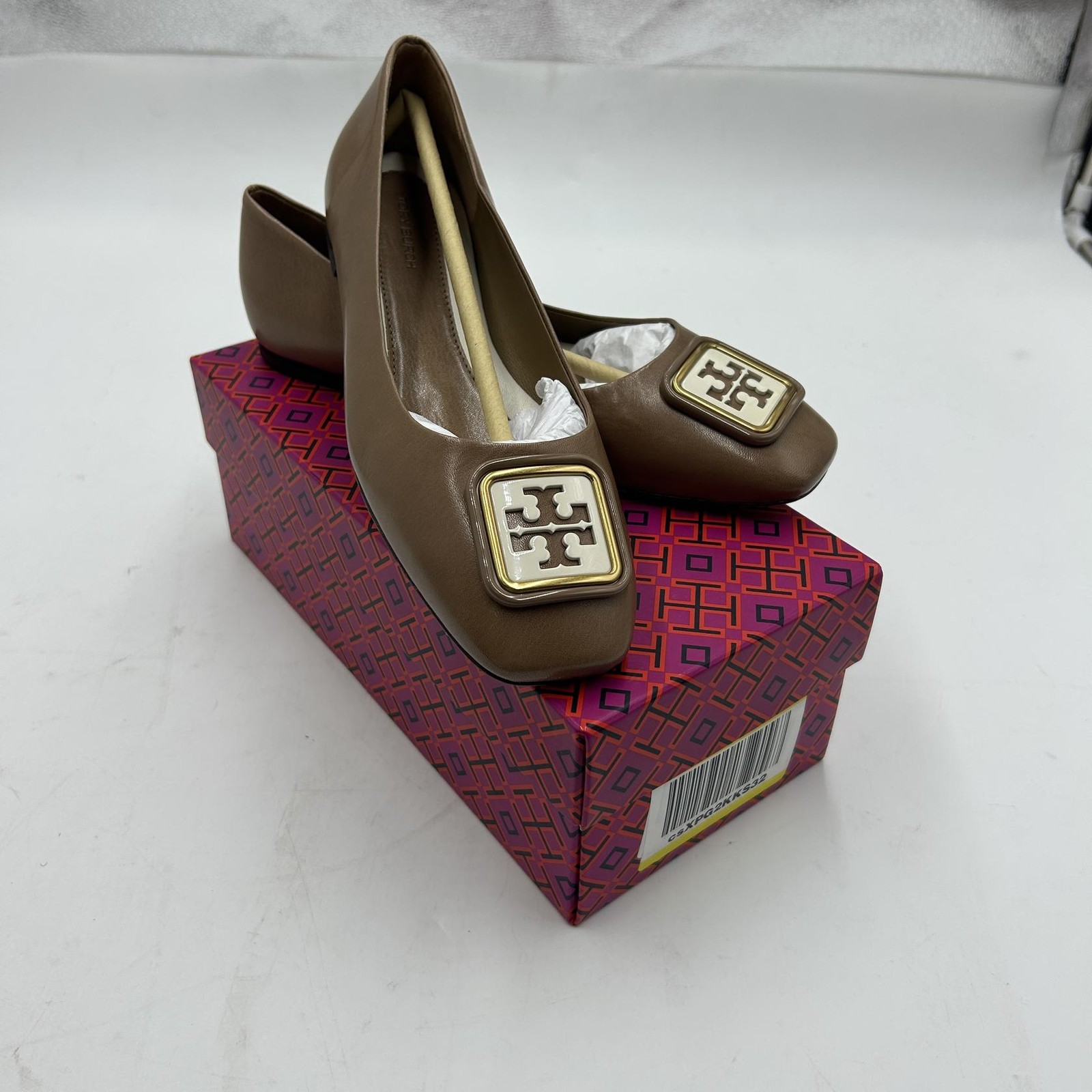 Tory Burch Georgia Tripon Cristal Baby Ballet Flat Shoes, Almond Flour, Size 8 M