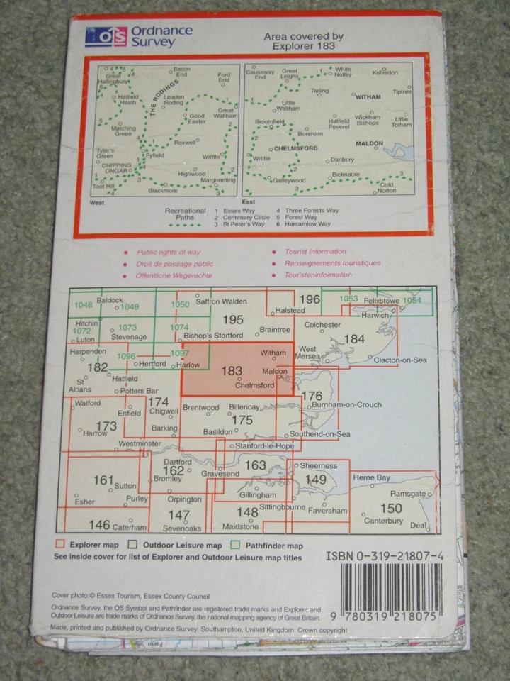 Ordnance Survey Explorer 1:25,000: Sheet 183 Chelmsford & The Rodings - 1998 - Imagen 2 de 2