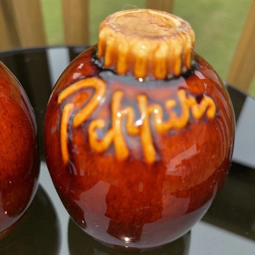 Vintage HULL Pottery Salt & Pepper Shakers Brown Drip Glaze Oven Proof USA