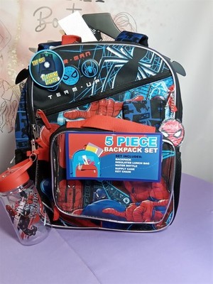 Bioworld Marvel Spider-Man Backpack 5pc Set Lunch Bag Bottle Case Keychain
