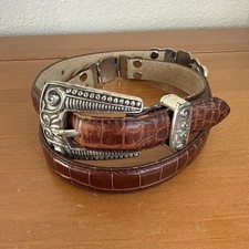 Vintage Croc-Embossed Brown Leather Belt Silver Tone Buckle/Hardware Size-Small