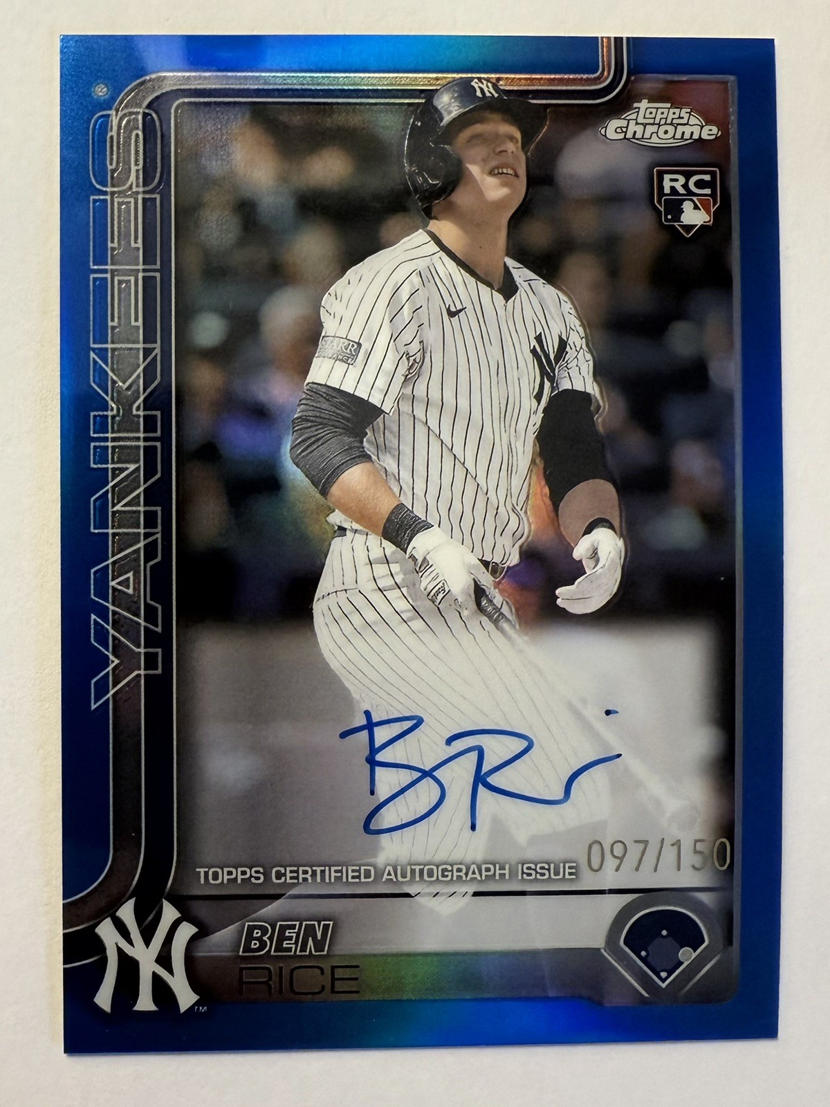 2025 Topps Chrome Ben Rice Auto True Blue Refractor #097/150 Yankees Rookie RC