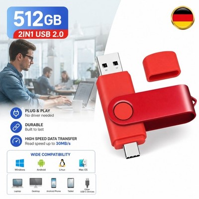 Flash Drive 512GB 2.0 OTG USB-C Typ-A Speicherstick Multifunktional für Laptop