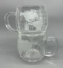 Set of 2 Nestle Vintage World Globe Map Etched Clear Glass Coffee Mugs Cups Coco