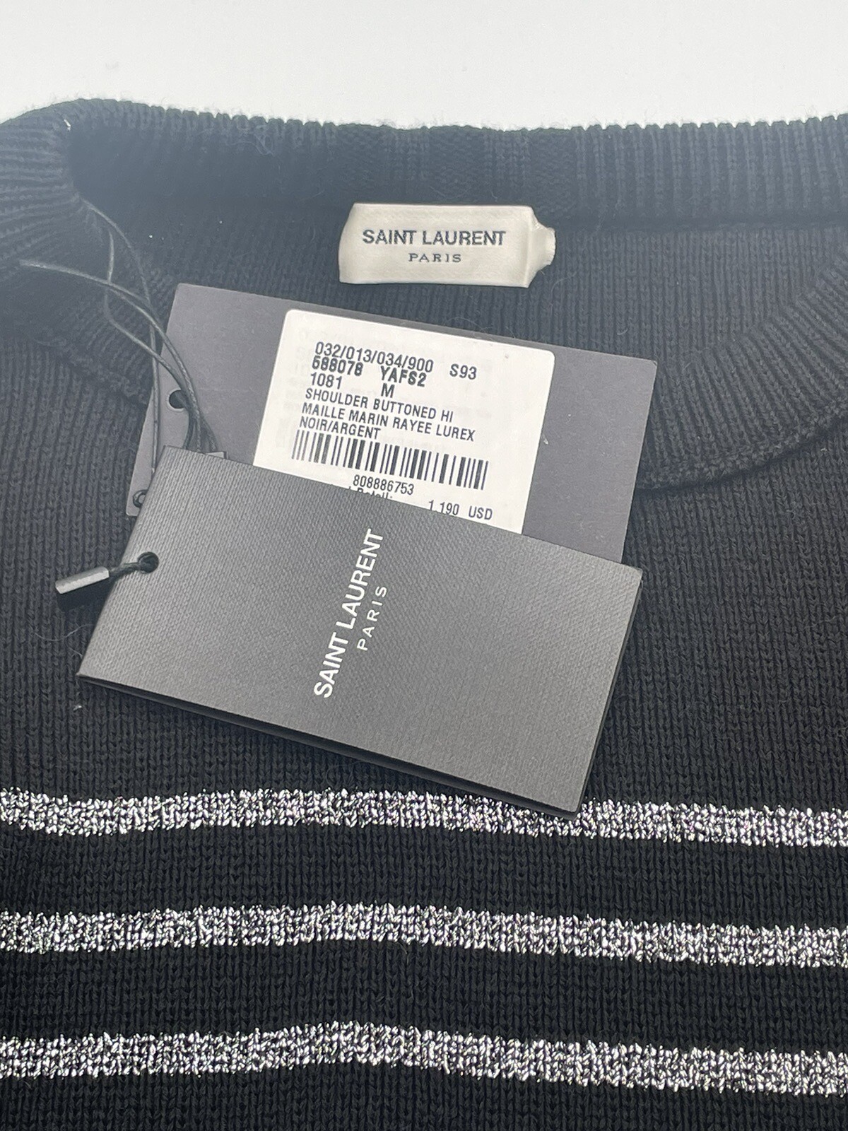 MAGLIONE SAINT LAURENT NERO ARGENTO A RIGHE METALLICHE MISTO LANA PULLOVER NUOVO CON ETICHETTE