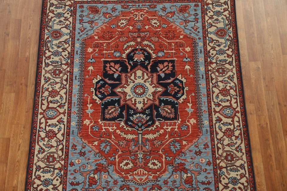 Geometric Red/ Ivory Heriz Serapi Turkish 5x7 Area Rug Handmade Oriental Carpet - Image 3 of 4