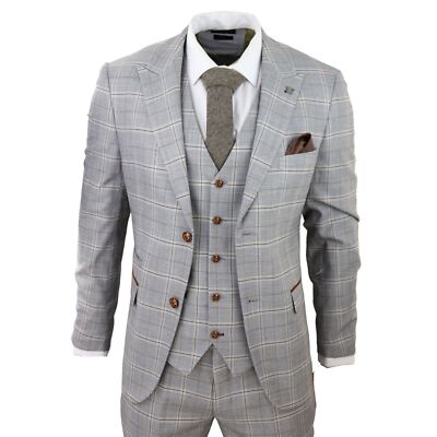 Paul Andrew Francis Men's Grey 3 Piece Suit Tan Brown Check