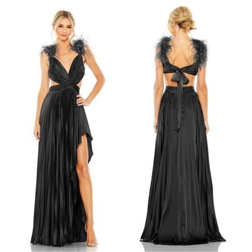 Mac Duggal 11687 Plisado Pluma Gorra Manga Espalda Abierta Vestido Talla 0 Nuevo con Etiquetas Negro