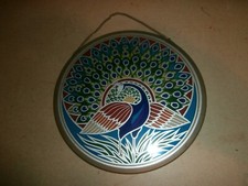 Vintage Glass Suncatcher Peacock Sun Catcher Window Decor w/ Round Brass Frame