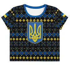 Ukraine Folk Art Pattern Women’s Crop T-Shirt, Trident & Flag Design