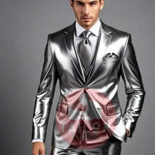 MENS GENUINE SOFT LEATHER SILVER BUSINESS SUIT FOR PARTY DRESS