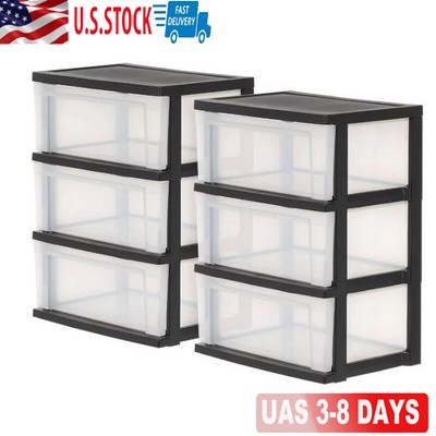 US Portable 3-Drawer Wide Tower Plastic Storage Organizer Drawer Black Set of 2