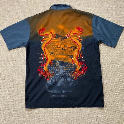 Y2K Dragon Shirt Mens Large Grey Orange Oriental Chinese Ninety