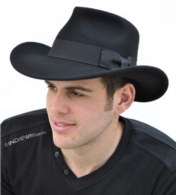 Black Fedora Hat Wool Felt Trilby With Ribbon Band Wide Brim