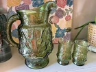 Vintage Green Glass Anchor Hocking Pitcher w/tumblers Rain Flower Daisy Textured