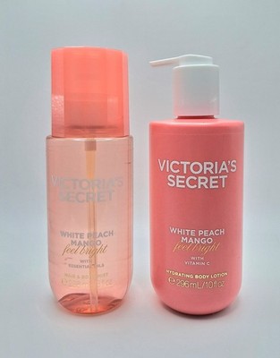 VICTORIA'S SECRET WHITE PEACH MANGO FEEL BRIGHT BODY LOTION MIST SET NEW