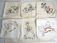 Vintage kitchen dish towels linen hand-embroidered puppies Ducks 33.5"x28 " Lot