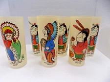 SET/6 Bill FLORES Native American Indian Frosted Glasses Gas Station Promo 1950s
